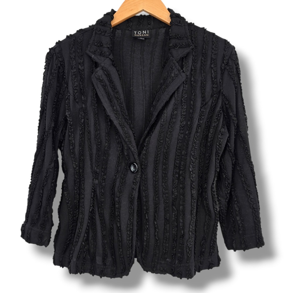 Toni Morgan Womens Black Ruffle Trim Textured Single Button Blazer Jacket Large